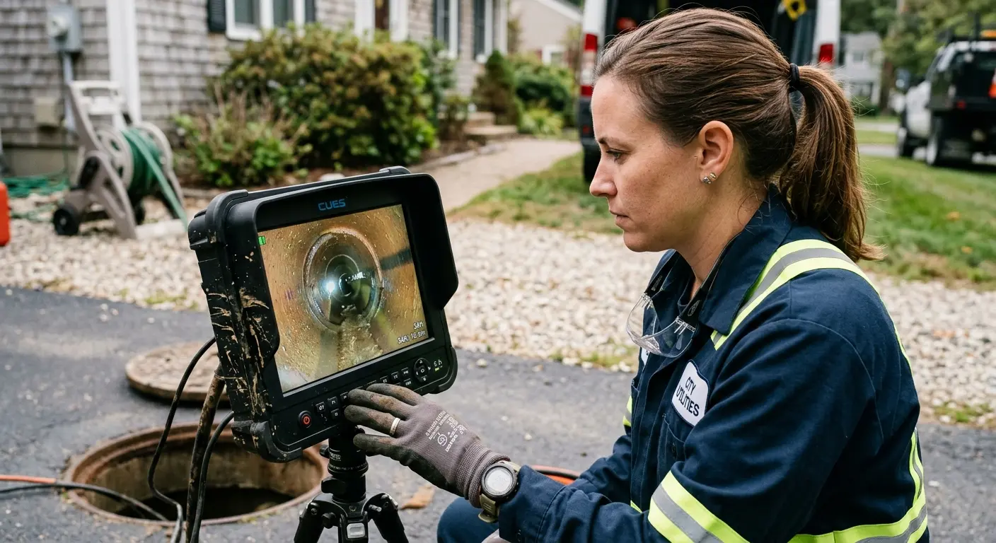 Technician reviewing sewer camera inspection footage in Paradise