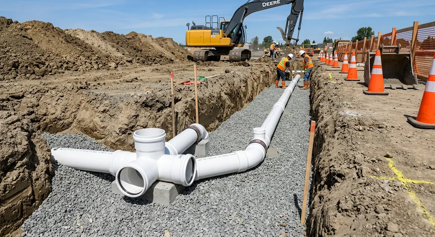 New PVC sewer pipe installation in open trench for Sewer Backup in Paradise