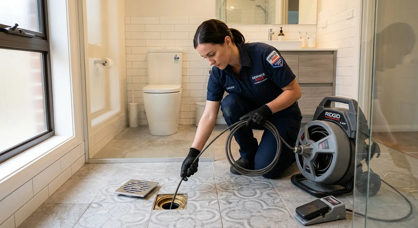 Technician clearing a bathroom floor drain for Hydro Jetting in Paradise